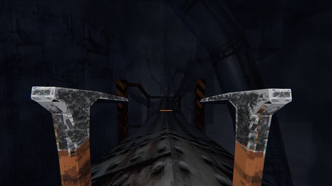 Riding a long pipe between hazard-striped posts into the dark