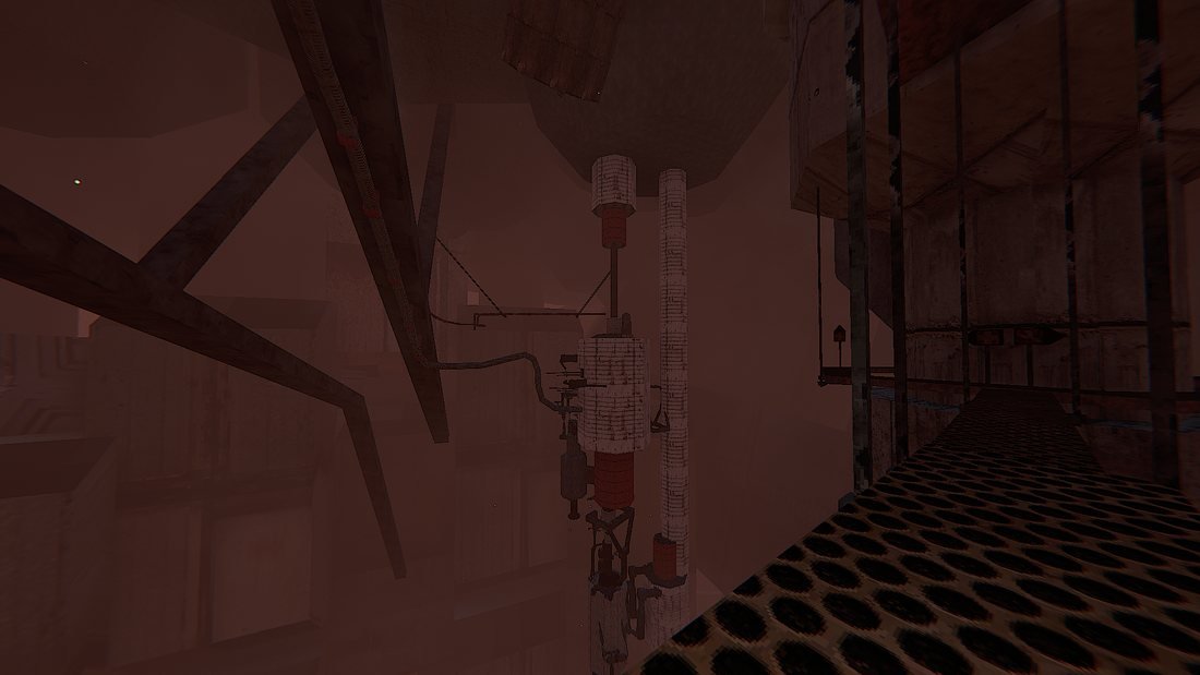 A red-lit chamber with distillation towers and a honeycomb-grated walkway