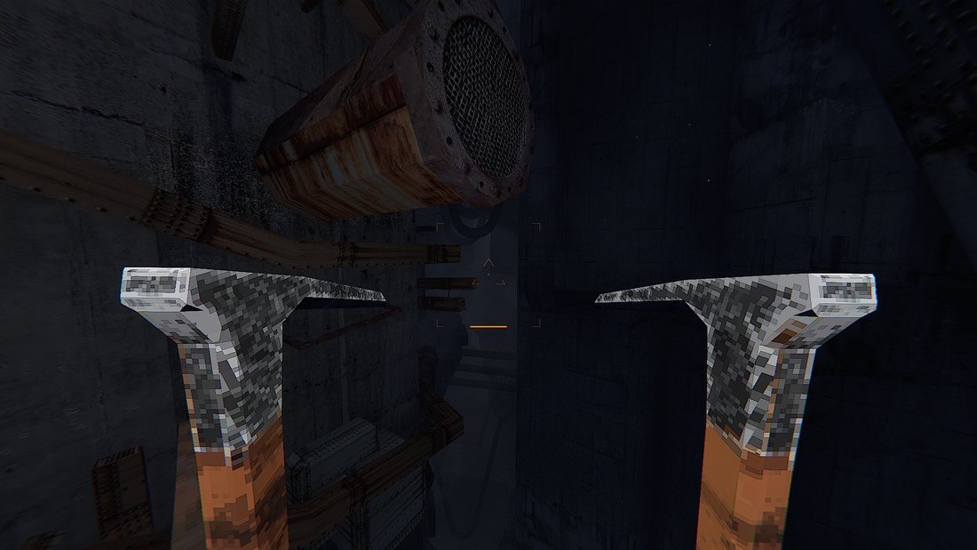 Climbing beside a huge rusted vent fan with both pickaxes raised