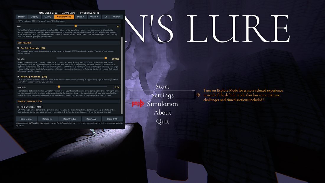 The UngodlyGFX menu open over the Lorn's Lure main menu, showing the Camera/World tab