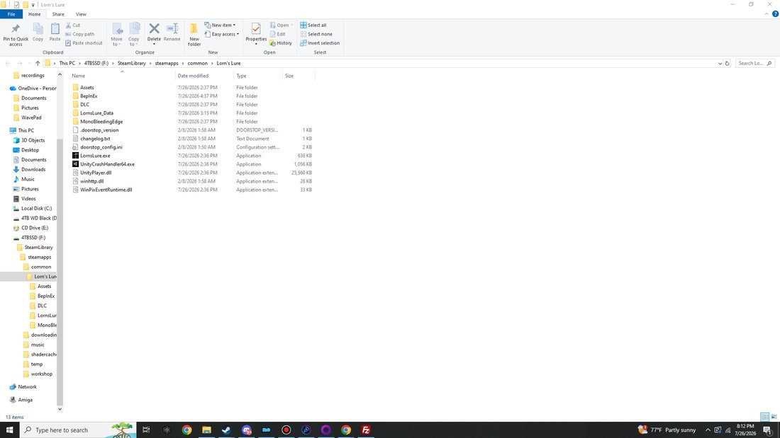 Explorer: the Lorn's Lure root folder with BepInEx and winhttp.dll beside LornsLure.exe